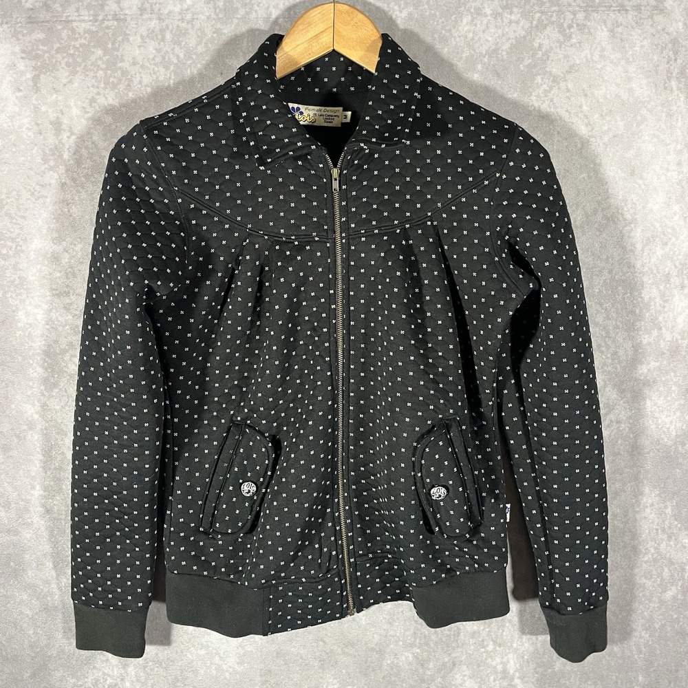 Lois Zip Up Jacket Women M Black Quilted Printed Pleated Long Sleeve Spain